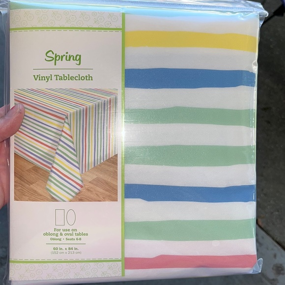 Spring Faiza Stripe Vinyl Tablecloth Green White Pink Blue Yellow 60” x 84” - Picture 1 of 5